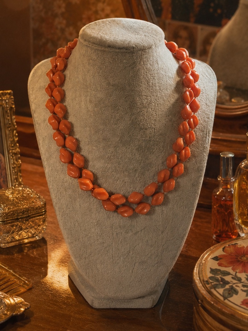Rare Vintage Sarah Coventry Coral Colored Twisted Plastic Bead Necklace 36"